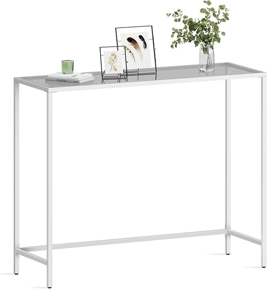 VASAGLE Entryway Table, Console Table, Tempered Glass Tabletop, Modern Sofa Table, Easy Assembly, with Adjustable Feet, for Living Room, Entryway, Pearl White and Slate Gray ULGT026W01