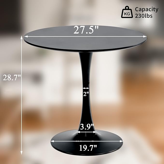 Black Round Dining Table, Small Circle Dining Table for 2 Person, Modern 27.5" Tulip Table Kitchen Dinner Coffee Small Social Tables for Dining Room, Living Room, Restaurant, Cafe