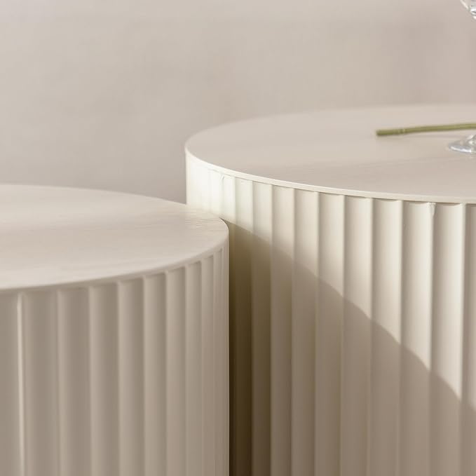 KEVINSPACE Nesting Coffee Table Set of 2 Circle CoffeeTable Modern NestingTables for Living Room Round Fluted Wooden CoffeeTabl No Need Assembly for Bedroom Balcony Lounge 33.86" Beige