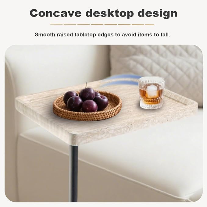 Side Table TV Tray for Couch,Height Adjustable C Shaped End Table for Small Spaces,Bedside Bathroom Living Room (Creamy White)