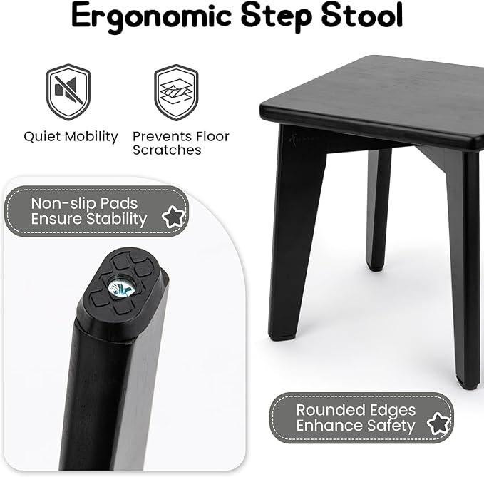 StrongTek Bamboo Step Stool for Kids and Adults, Natural Material, Sturdy and Versatile Short Foot Stool for Bathroom, Kitchen, Bedroom, Compact 10-inch Small Wood Stool, Plant Stand (Black)