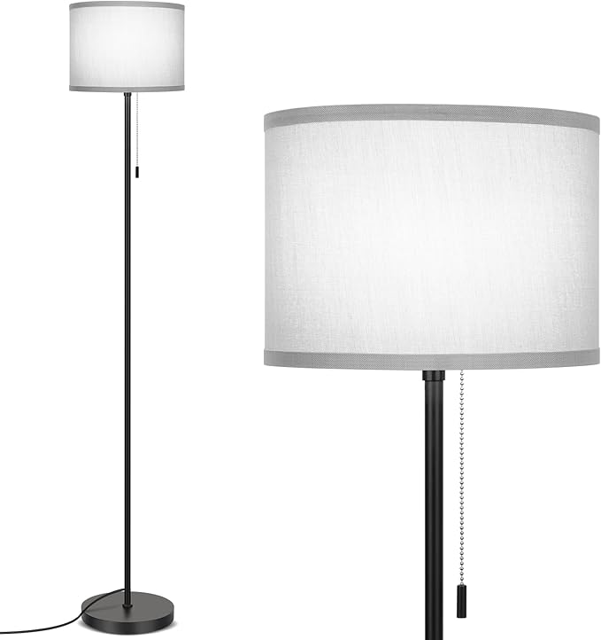 FOLKSMATE Floor Lamp for Living Room, Modern LED Simple Standing Lamp, Minimalist Tall Light for Bedroom, Office, Kids Room, Reading, Black Pole With Grey Shade, Without Bulb