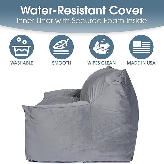 Foamma Bean Bag Chair for Kids & Adults, Grey - Single Person Bean Bag Chair with Armrests, High-Density Foam, Cozy and Plush Reading Seat, Ideal for Bedroom and Relaxation