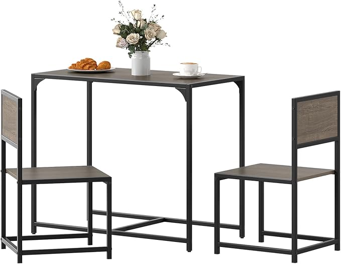 COSTWAY Small Dining Table for 2, Industrial Table and Chairs Set w/Metal Frame, Wood Grain Surface, 3-Piece Dinette Set, Space-Saving Kitchen Table Set for Small Place, Apartment, Home (Gray Oak)