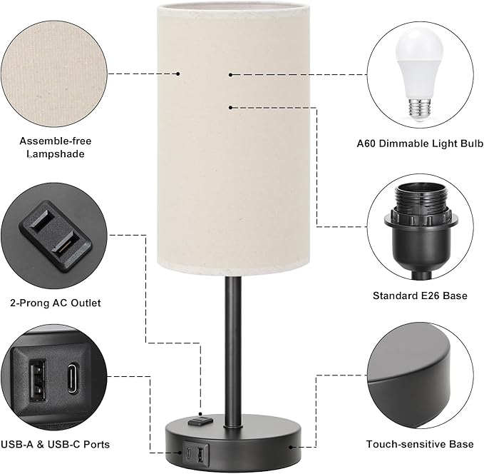 Fenmzee Touch Table Lamp - Beige, 3-Way Dimmable, USB A + C Charging, AC Outlet, 17.4inch Medium, Black Metal Base