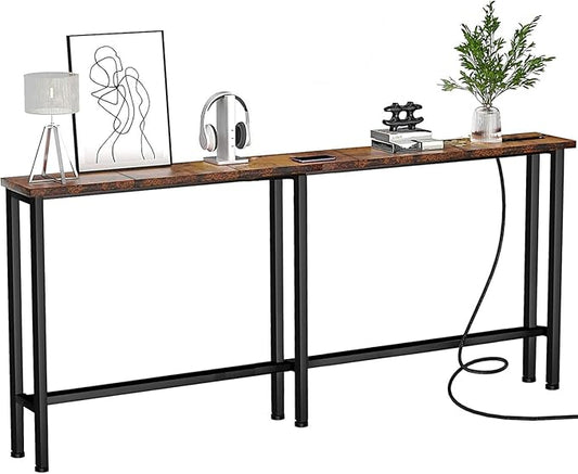 70" Narrow Console Sofa Table - Power Outlets & 2 USB Ports, Metal Frame, Rustic Brown, Perfect for Hallway, Office, and Behind Sofa - Easy Assembly, 4.9' Extension Cord Included