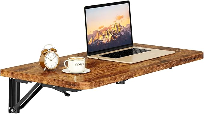 IBUYKE Wall Mounted Folding Table, Floating Wall Desk for Small Spaces, Fold Down Laundry Shelf with Heavy-Duty Brackets, Wall Table for Home Office/Bar/Kitchen/Dining, Rustic Brown UTVT005H