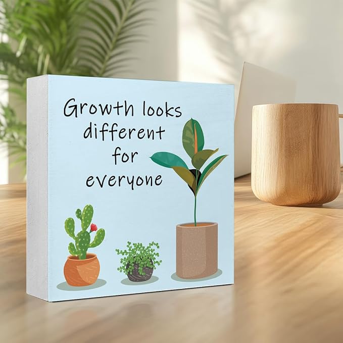 LVQHI Inspirational Wood Block Sign,Growth Looks Different for Everyone Plant Motivational Wooden Block Sign for Home Bedroom Office Desk Table Decor,Inspirational Cheer Up Gift for Coworker Blue-2