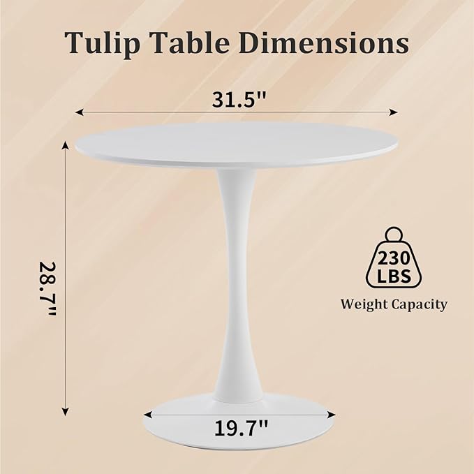 Round Dining Table,31.5”Kitchen Table for 2-4 People,MDF Table Top with Metal Pedestal Base,Tulip Design for Kitchen,Dining Room,Living Room,Leisure,White