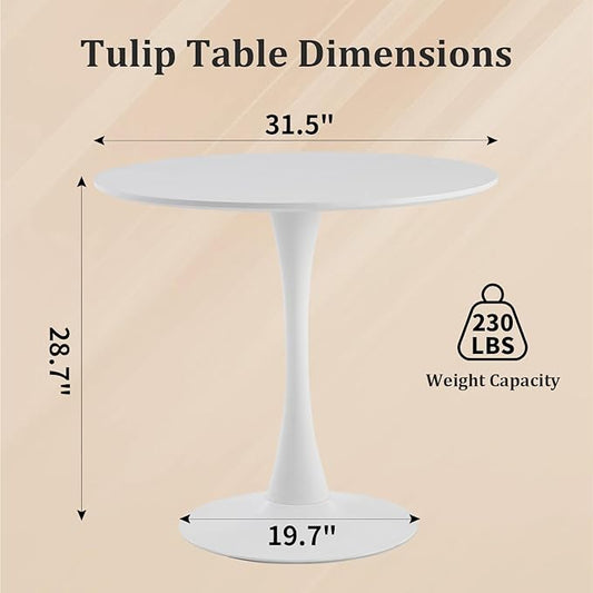Round Dining Table,31.5”Kitchen Table for 2-4 People,MDF Table Top with Metal Pedestal Base,Tulip Design for Kitchen,Dining Room,Living Room,Leisure,White