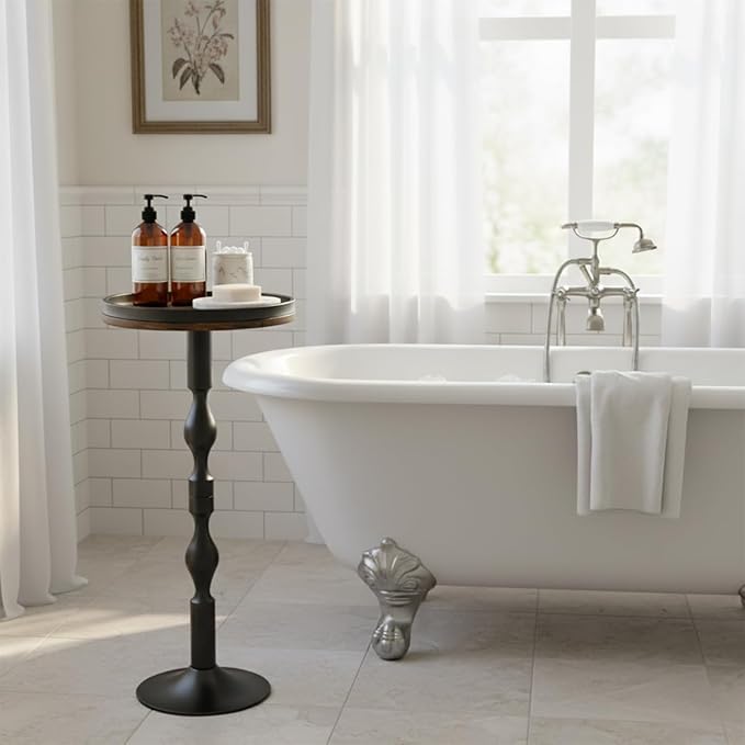 Small Round Drink Table,Pedestal Tables,Small Round Side Table for Narrow Spaces,End Table for Living Room, Bedroom, Bathroom,Balcony (Rustic Brown)