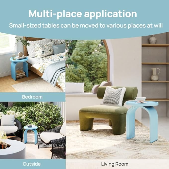Round Side Table, Modern Wood End Table with Sturdy Base, Small Blue Drink Table for Living Room, Bedroom and Small Spaces
