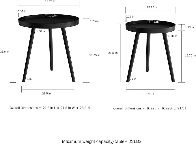 Nesting Side Tables - Set of 2 Round End Tables for Living Room, Bedroom, or Home Office - Accent Table Set with Tray Tops - Mid-Century Modern Living Room Furniture by Lavish Home (Black)