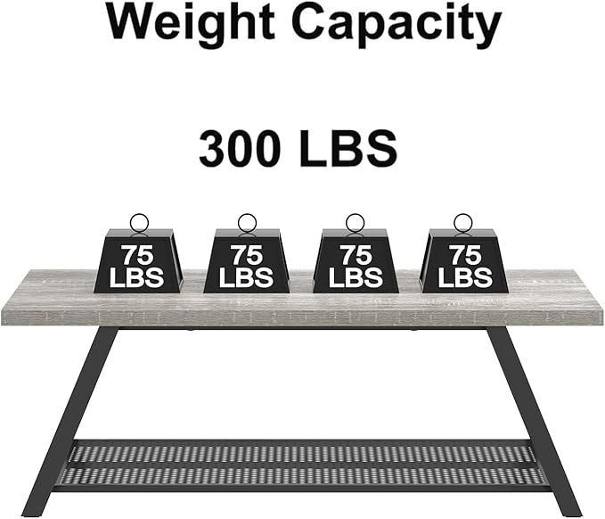 FOLUBAN Industrial Coffee Table, Rustic Wood and Metal Center Table with Storage, Modern Rectangle Cocktail Tea Table for Living Room Office, Light Grey, 47 Inch