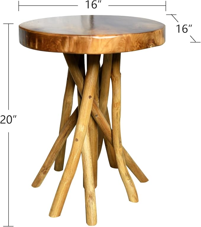 WELLAND Teak Wood Stick Leg End Table, 16" L x 16" W x 20" H Rustic Side Table, Small Accent Table, Plant Stand for Living Room, Bedroom, Home Office