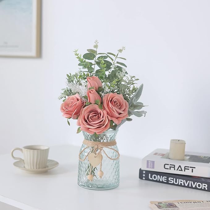 Faux Flowers with Vase,Artificial Silk Roses in Vase, Fake Plant Eucalyptus Flower Arrangement for Home Office Farmhouse Bathroom Dining Table Centerpiece Decorations Coffee Table Decor (Dusty Pink)