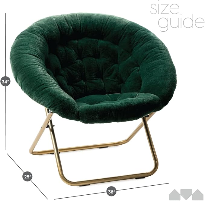 Milliard Saucer Chair For Adults, Teens & Kids, Green, Faux Fur XL Circle Chair for Bedroom, Dorm & Gaming, Foldable Comfy Accent Seat for Small Spaces, Folding Moon / Mushroom / Round Oversized Style