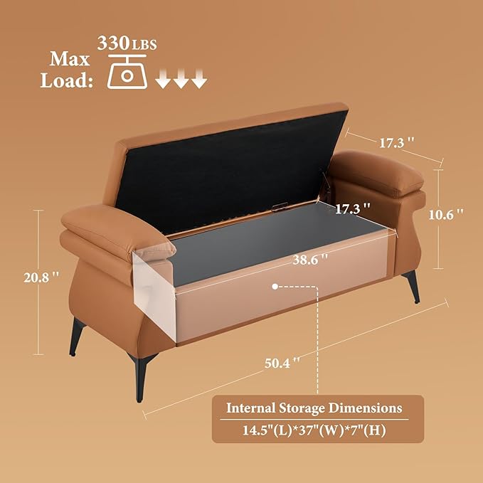 Furniliving 51” Storage Bench, End of Bed Bench with Armrest Cushion Large Upholstered Storage Ottoman Leather Window Bench with Storage Shoe Cabinet Bench, for Bedroom, Entryway, Brown