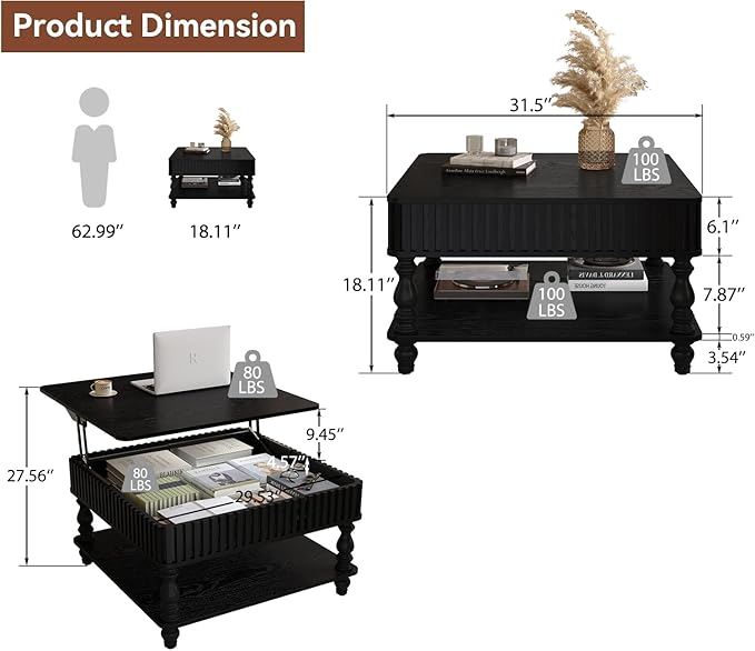 31.5" Lift Top Fluted Coffee Table with Hidden & Open Storage, Modern Square Wooden Center Table Cocktail Tea Table with Curved Safety Corners and Adjustable Height for Living Room, Black