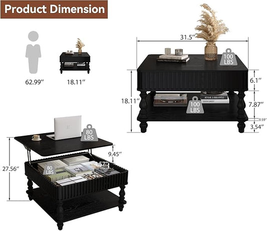 31.5" Lift Top Fluted Coffee Table with Hidden & Open Storage, Modern Square Wooden Center Table Cocktail Tea Table with Curved Safety Corners and Adjustable Height for Living Room, Black