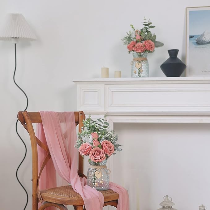Faux Flowers with Vase,Artificial Silk Roses in Vase, Fake Plant Eucalyptus Flower Arrangement for Home Office Farmhouse Bathroom Dining Table Centerpiece Decorations Coffee Table Decor (Dusty Pink)