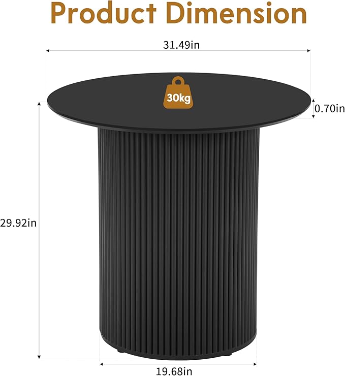 AVZEAR 31.5" Round Dining Table for 2 People, Small Kitchen Dinner Table with Fluted Wood Base, Farmhouse Circle Dining Tables for Home, Kitchen, Dining Room, Living Room (Black)