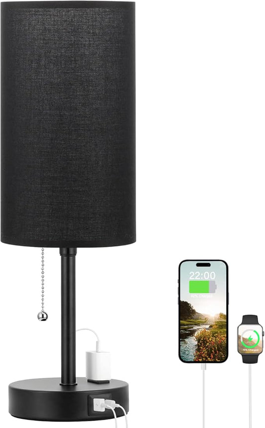 Dicoool 17Inch Tall Bedroom Lamps with USB C and A Ports 3 Color Temperatures - Pull Chain Black Nightstand Bedside Table Lamp with AC Outlet, Side Lamp for Living Room End Table