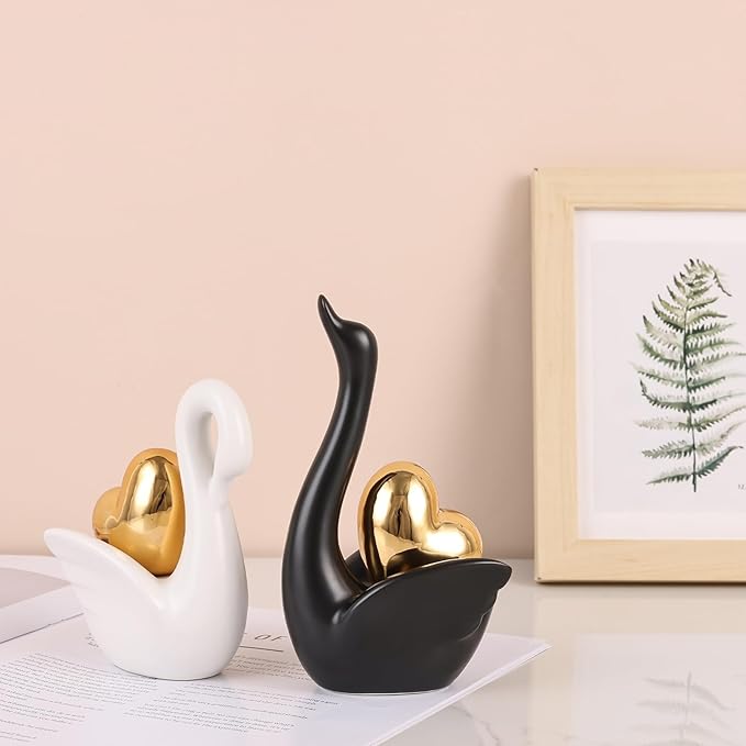 Loving Swan Figurine with Gold Heart Statue, Ceramic Animal Regalos Para Parejas, Cute Figurines Pottery Gifts for Anniversary, Couple Swan Sculpture for Women Dresser Knick Knacks Shelves Show Pieces