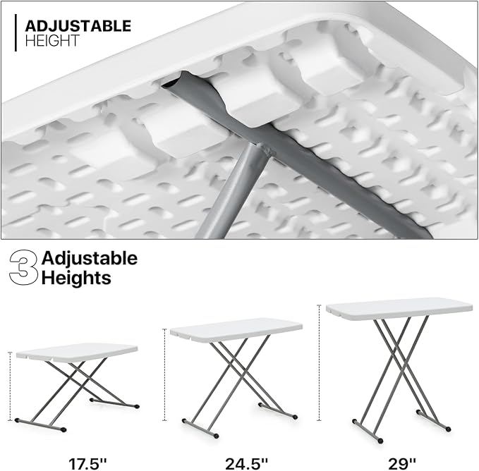 MoNiBloom TV Tray Folding Table 30" Height Adjustable, Portable Indoor/Outdoor Picnic Partiestable and Laptop Square White Small Table with X Legs
