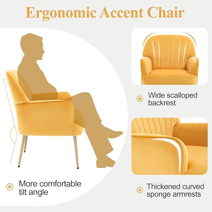 Velvet Accent Chair, Modern Upholstered Single Sofa Side Living Room Chair, Comfy Barrel Reading Armchair with Metal Legs for Bedroom, Waiting Room, Office and Cafe, Yellow