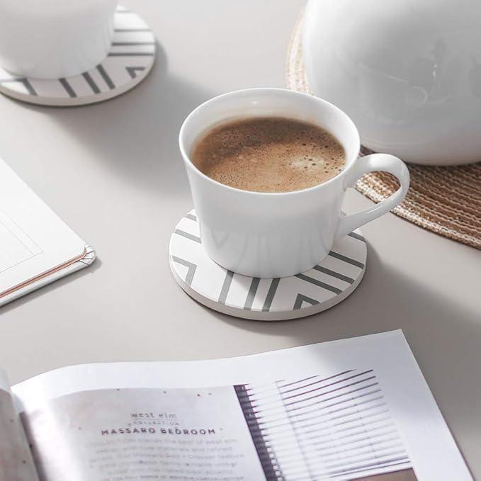 LIFVER 6 Piece Absorbent Stone Coaster Set with Holder, Ceramic Drink Coasters, 4 Inch Farmhouse Coasters with Cork Base, Ideal Gift for Housewarming