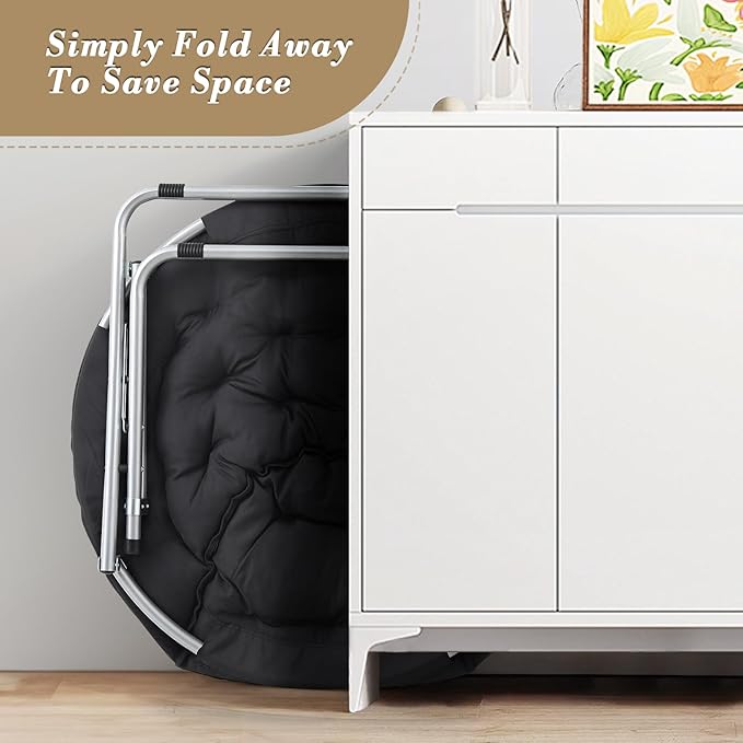 Athena Collection Comfy Saucer Chair, Folding Oversized Cozy Chair for Bedroom Living Room Fabric Reading Chair, Foldable Metal Frame Round Lazy Chair Moon Chair for Adult Set of 2, Black