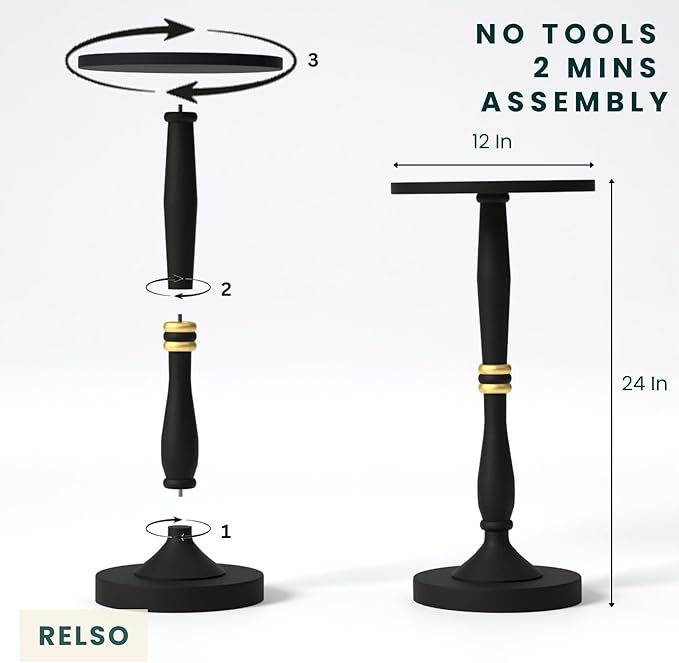 Relso Sceptrum Solid Wood Black Side Table – 24" Tall Round End Table, Narrow Accent for Living Room or Bedroom, Plant Stand or Drink Table, Compact Pedestal Table for Small Spaces | Easy Assembly