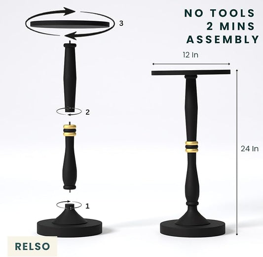 Relso Sceptrum Solid Wood Black Side Table – 24" Tall Round End Table, Narrow Accent for Living Room or Bedroom, Plant Stand or Drink Table, Compact Pedestal Table for Small Spaces | Easy Assembly