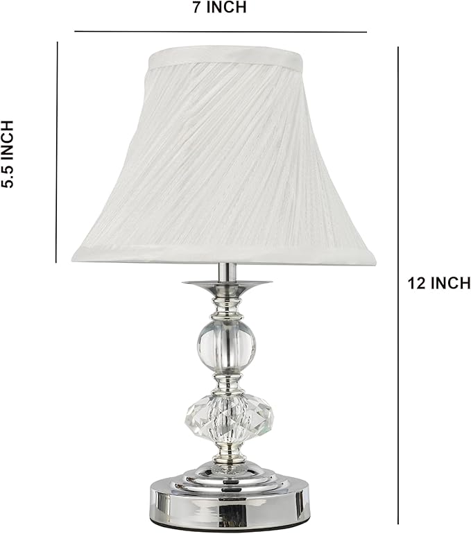 Small Modern Crystal Bedside Table Lamp, 7 x 7 x 12 Inch Electroplaetd Silver Base Table Lamp for Bedrooms and Office (White Pleated Bell Shape Shade)