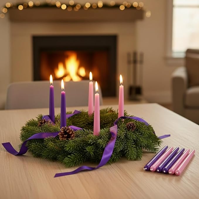 12 Pack Advent Taper Candles Set (9 Purple, 3 Pink) - 10 Inch Dripless & Smokeless Candlesticks, 8-Hour Unscented Wax for Holiday, Wedding, Dinner & Home Decor