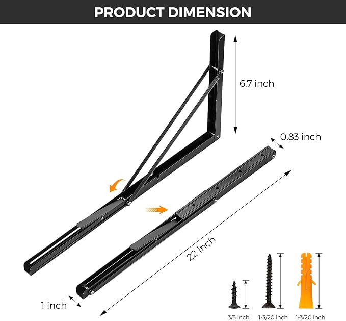 JOY DECOR 22 Inch Heavy Duty Folding Shelf Brackets, 4 Pack (2 Pairs) Collapsible Wall Mounted Brackets for Fold Down Table, Stainless Steel Folding Table Hinge, Matte Black