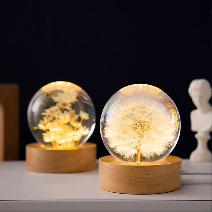 Flower Crystal Ball Night Light, 2.4 inch Glass Ball Night Lamp with Woodern Base (Yellow Daisy)