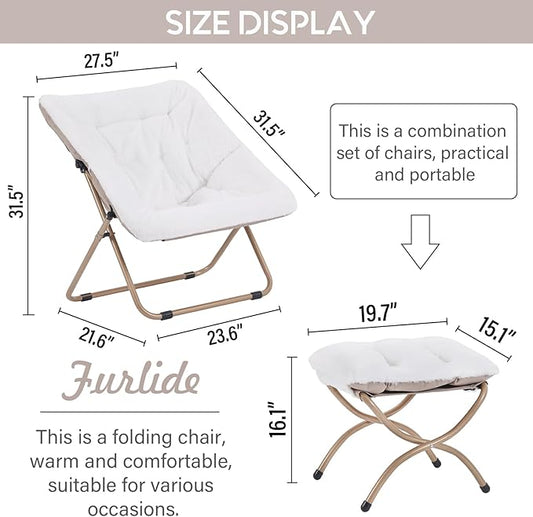 Saucer Chair with Ottoman, Comfy Bedroom & Living Room Chairs, Foldable Metal Frame Chair (White)