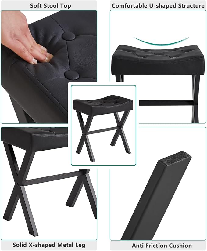 IBUYKE U-Shaped PU Vanity Stool, Square Makeup Chair with X-Leg, Ottoman Seat Footrest Stool, Multi-Use as Small Side Table, for Bedroom, Living Room, Black WBD019B