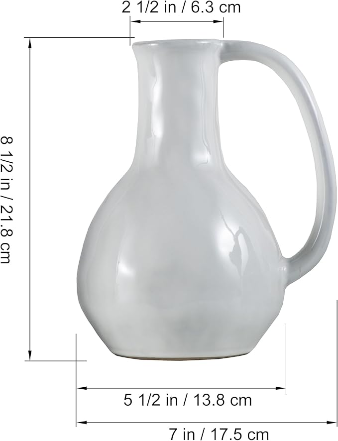 White Ceramic Vase with Big Handles, Modern Farmhouse Decor, Rustic Pottery for Flowers, Decorative Terracotta Centerpiece for Dining Table