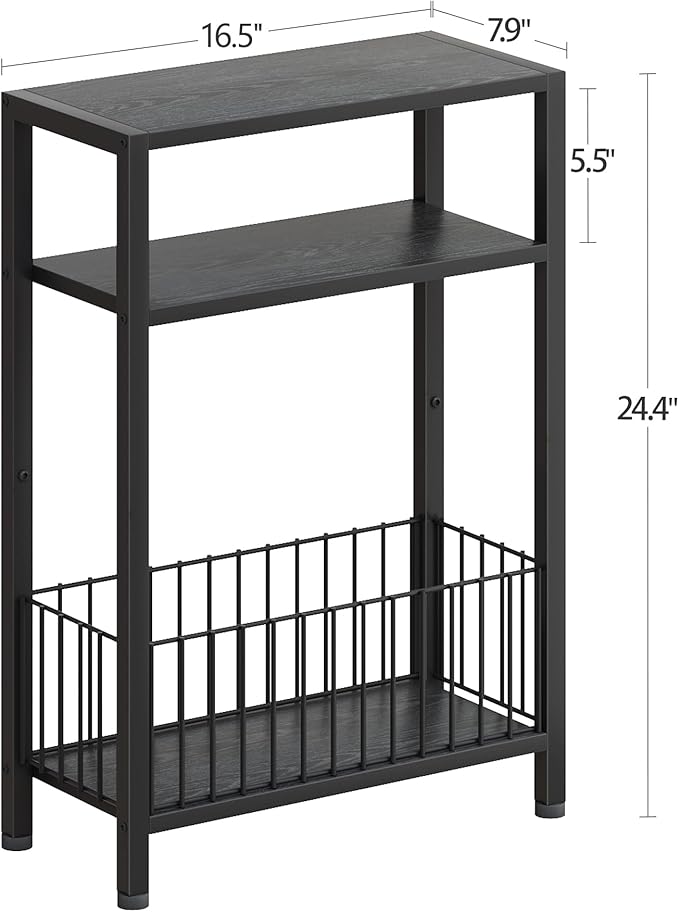 Narrow Side Table with Storage Basket, Small End Table for Small Spaces, Slim Sofa Table for Living Room, 3 Tier Bedside Table for Bedroom, Black