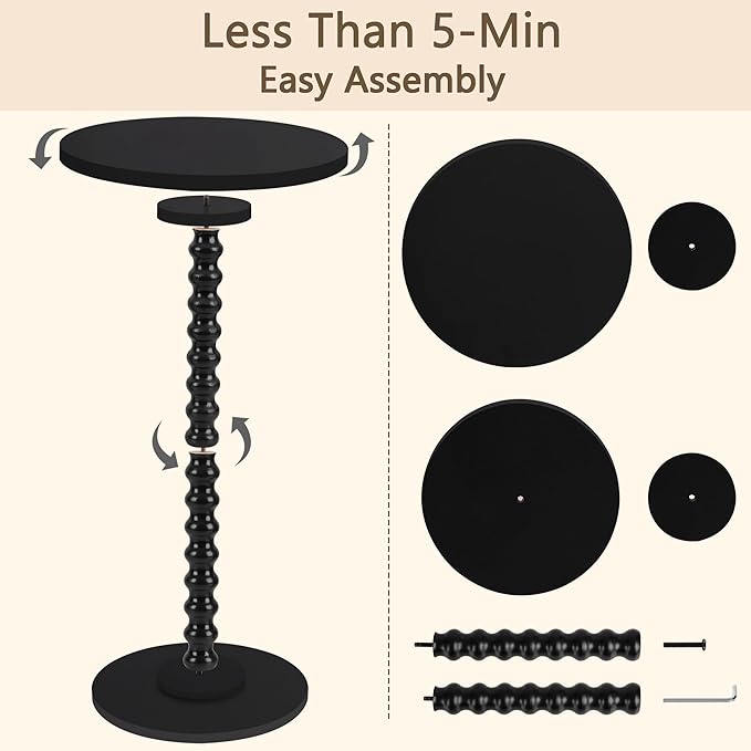 Round Side Table, Small End Table for Small Space, Modern Accent Table with Solid Wood Leg, Easy Assembly for Living Room, Bedroom, Corners, and Office (Black)