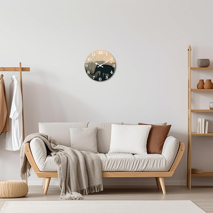 XFM 10 inch Elephant Wall Clock Silent Non-Ticking Clocks Forest Wildlife Wall Clocks Battery Operated Rustic Farmhouse Clock for Home Decor Living Room Kitchen Office