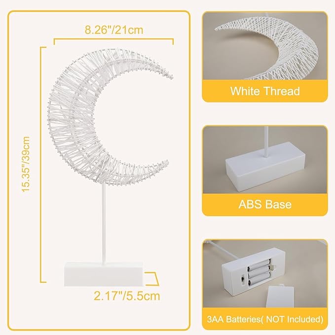 Decorative Table Lamp, Moon Shape Rattan Ramadan Desk Lamp Battery Powered Light, Winding Thread Warm LED Crescent Light Christmas Home Bedroom Romantic Bedside Desktop Nightstand Decoration, White