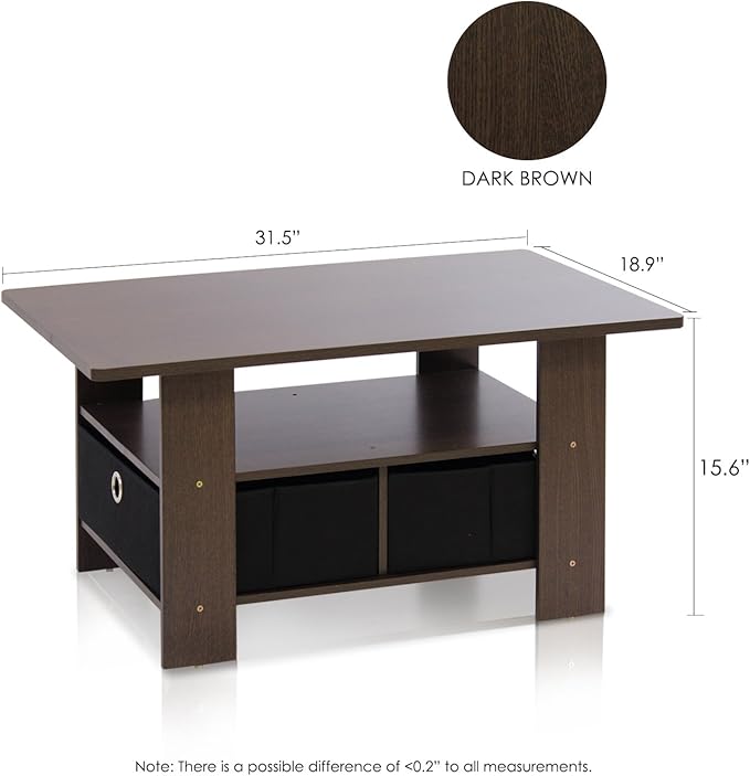 Furinno Coffee Table with Bins, Dark Brown/Black