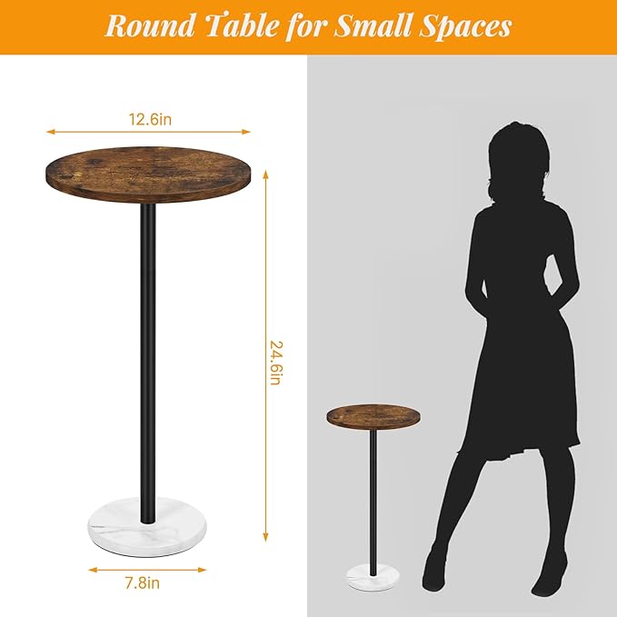 smusei Small Side Table for Small Spaces Round Bar Table with Marble Base Round End Table Drink Table Pedestal for Sofa Couch Chair Patio, Brown