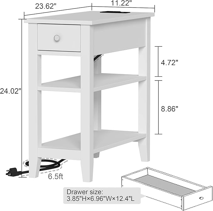 ChooChoo Narrow End Table with Charging Station, Side Table Living Room with USB Ports & Power Outlets and Hidden Drawer, 3-Tier Skinny Nightstand with 2 Open Storage Shelves for Small Place (White)