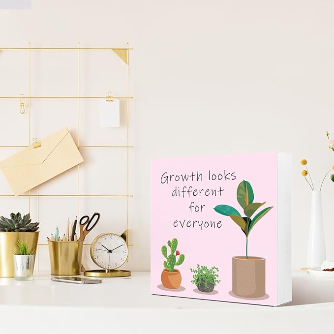 LVQHI Pink Inspirational Wood Block Sign,Growth Looks Different for Everyone Plant Motivational Wooden Block Sign for Home Bedroom Office Desk Decor,Inspirational Cheer Up Gift for Coworker Friend