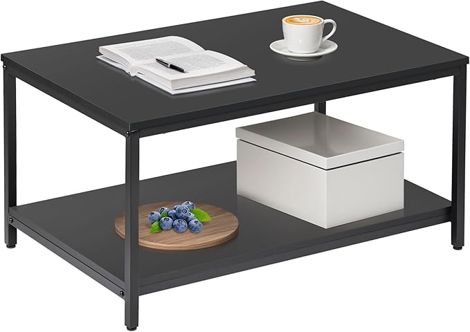 ZenStyle Industrial Coffee Table with Storage Shelf for Living Room, Wood Look Accent Furniture with Vintage Wooden Board Stable Metal Frame Cocktail Table 2-Tier Tea Table